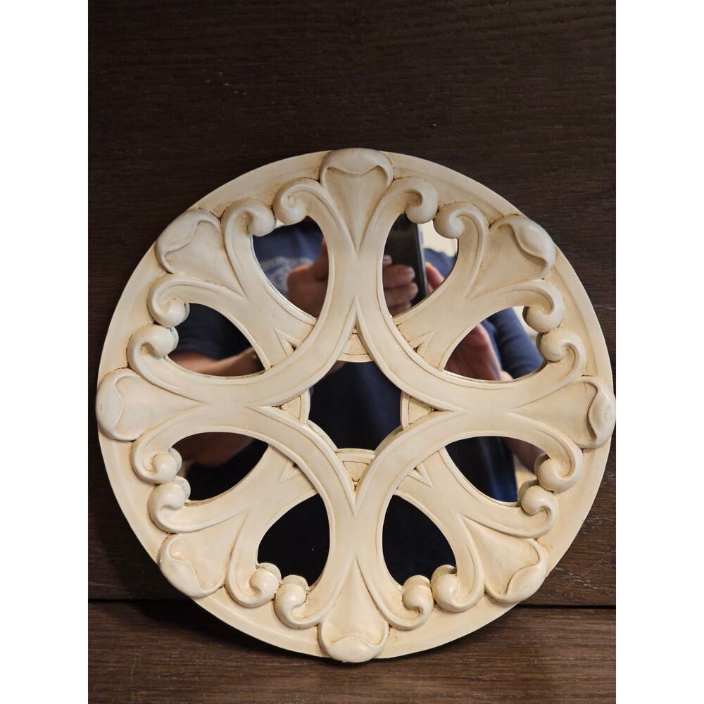 Vintage Round Wall Decor Mirror 8" Ornate Off White Coastal Theme Accent